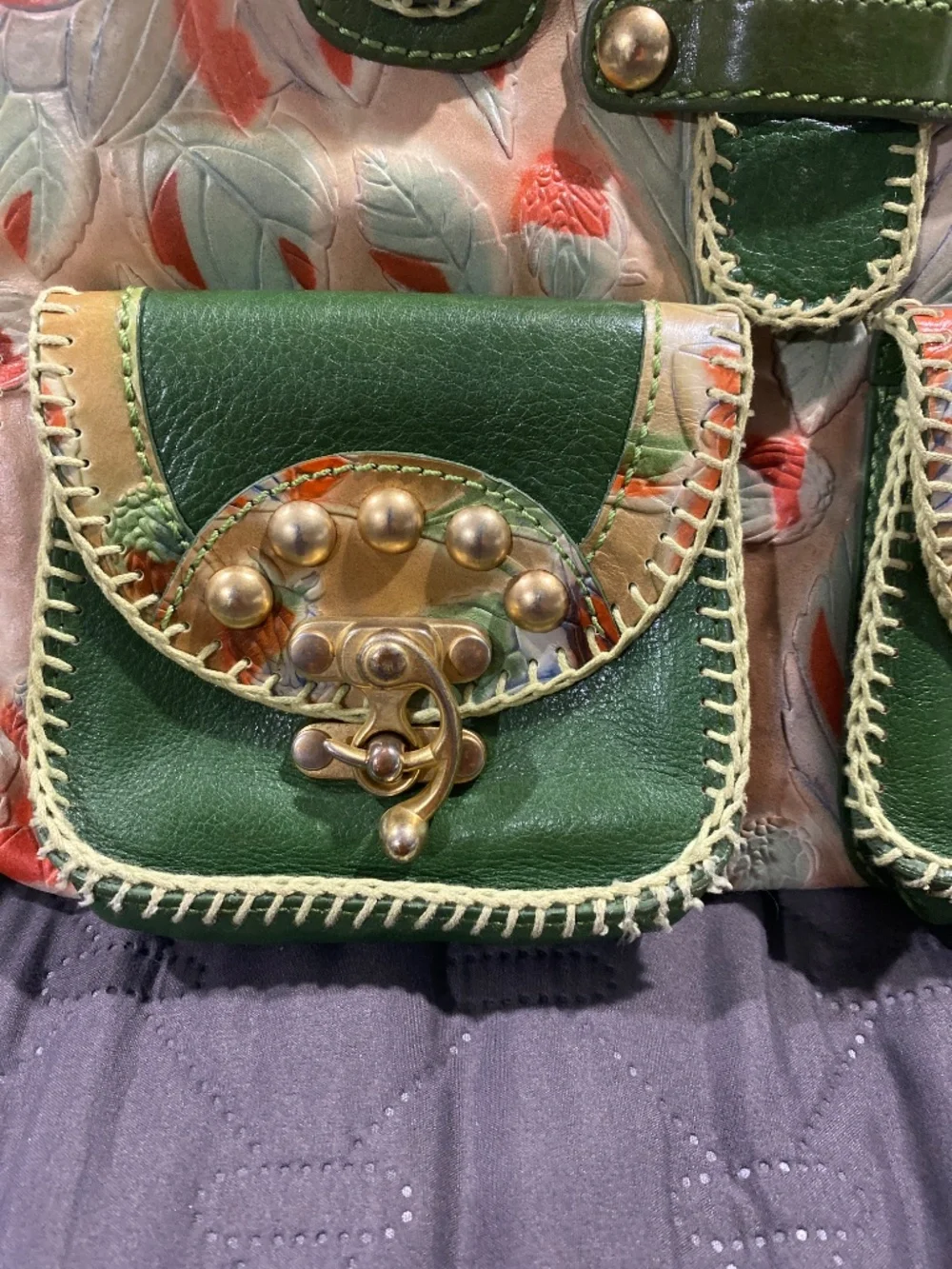 Isabella Fiore Floral Leather Whipstitch Satchel Bag Y2K